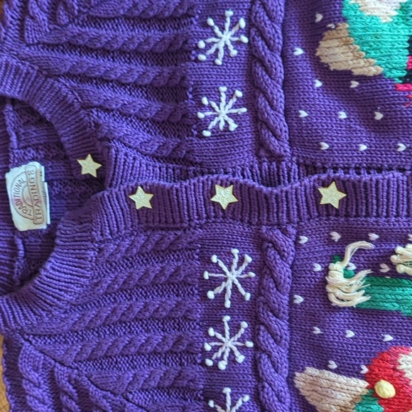 Vtg Hand Knit Ski bunnies Chunky Purple Cotton Novelty Cardigan Sweater Sz M - Picture 9 of 14